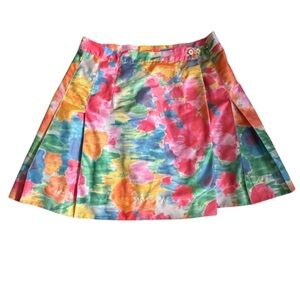Women's Vintage Cycle Boston Colorful Watercolor Floral Print Pleated Mini Skirt